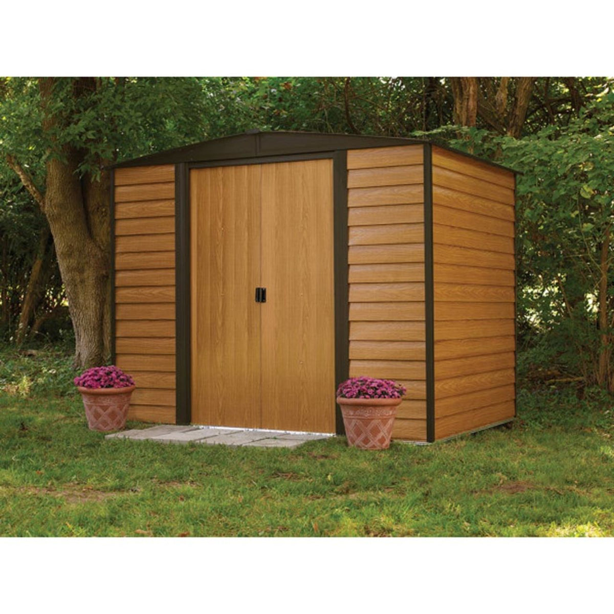 Woodridge 8' x 6' Steel Storage Shed in Coffee and Woodgrain
