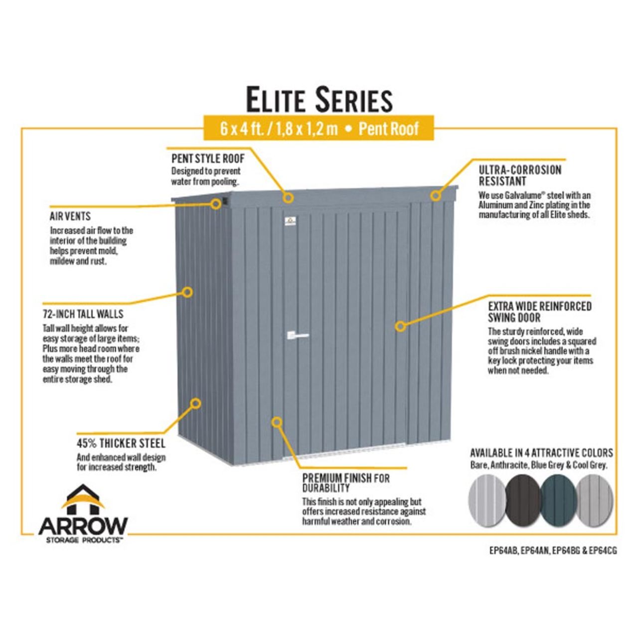 Arrow Elite 6' x 4'  Steel Storage Shed -  Silver