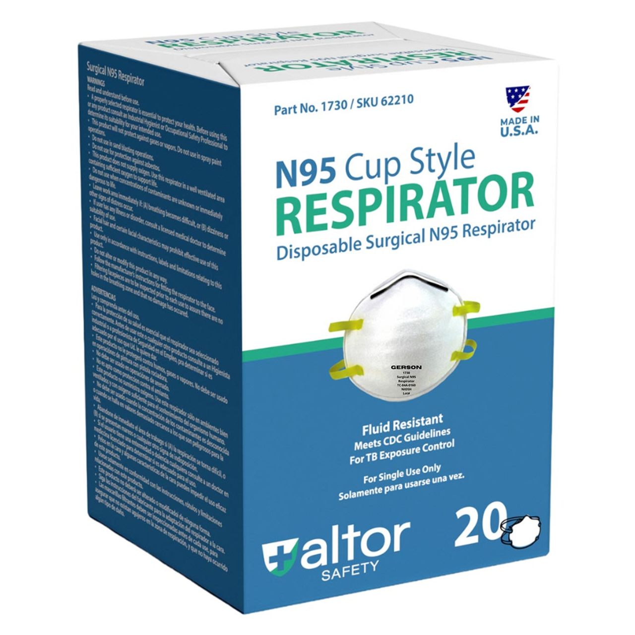 Altor Safety N95 NIOSH Cup Respirator 62210, USA Made, White, Case of 240