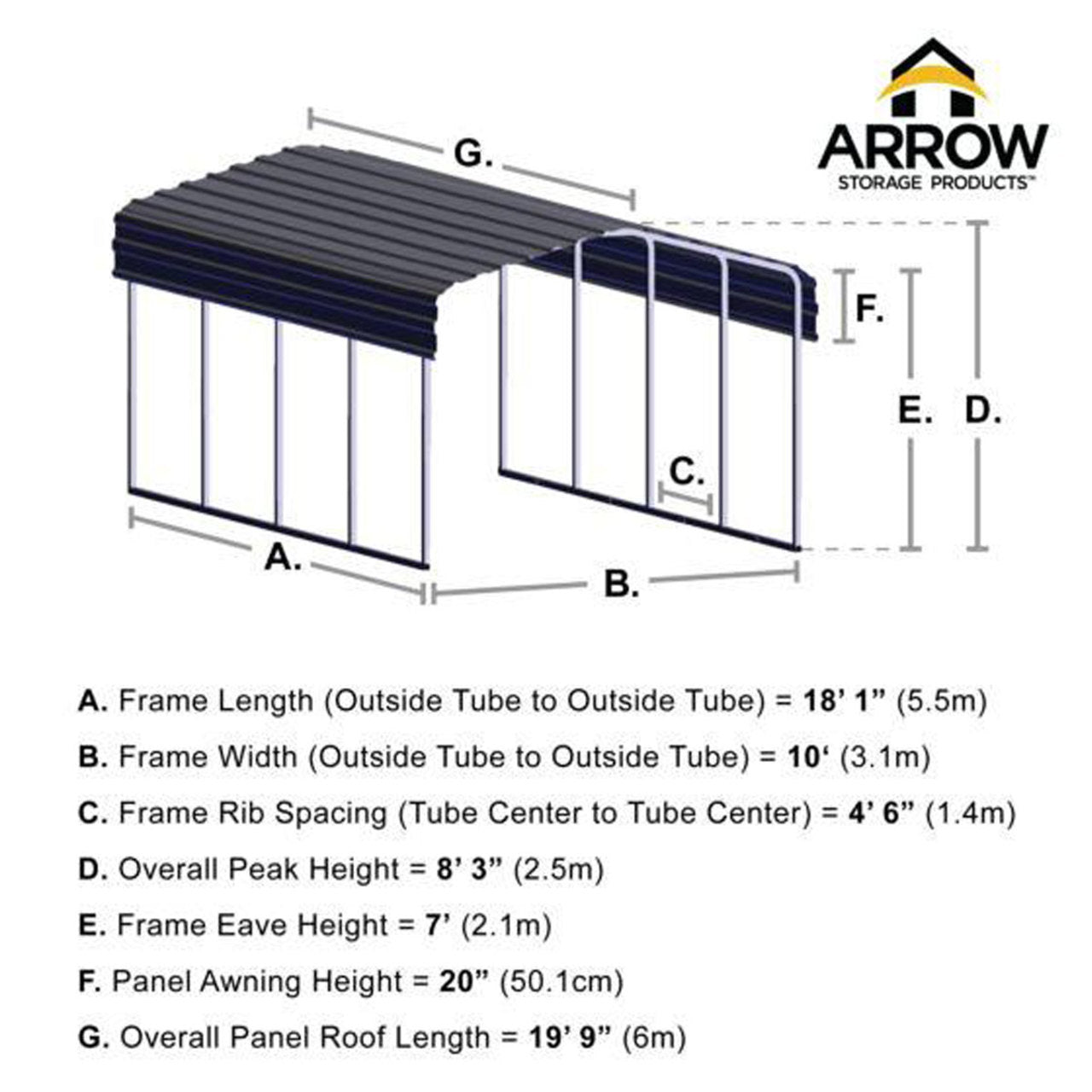 Arrow Carport 10' x 20' x 7 Ft. - Eggshell