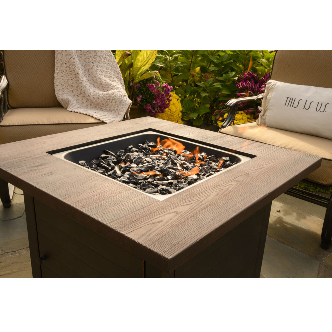 The Spencer - 30" LP Gas Outdoor Fire Pit w/ Printed Resin Mantel - Brown