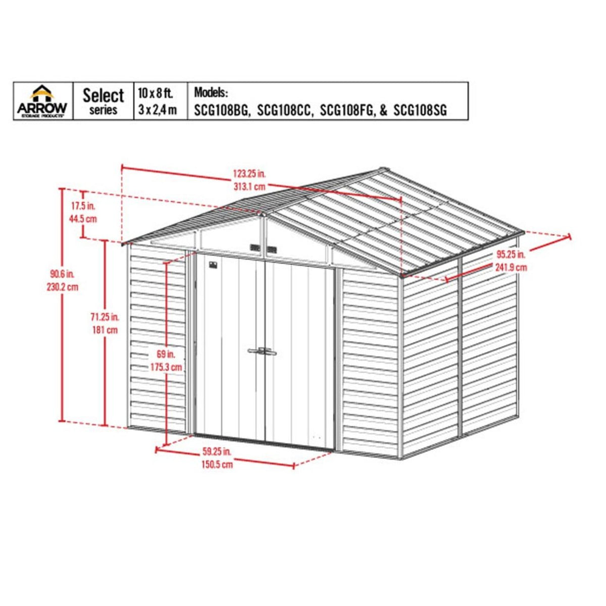 Arrow Select 10' x 8' Steel Storage Shed - Blue Gray