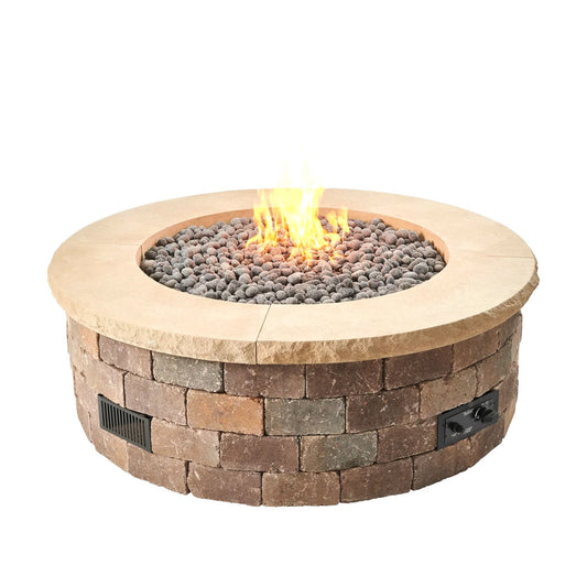 Outdoor Greatroom Concrete Top for Round Bronson Block Gas Fire Pit Kit (4 Pcs) - Limestone Tan