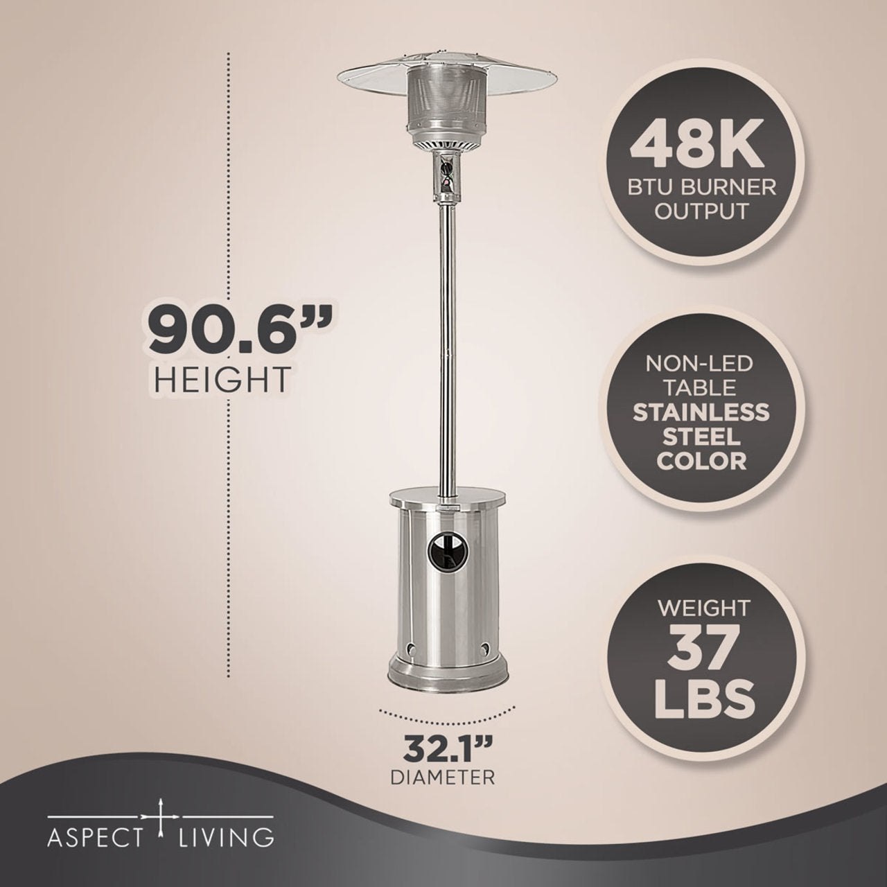 Fire Sense Stainless Steel Patio Heater with LED Table - 65046