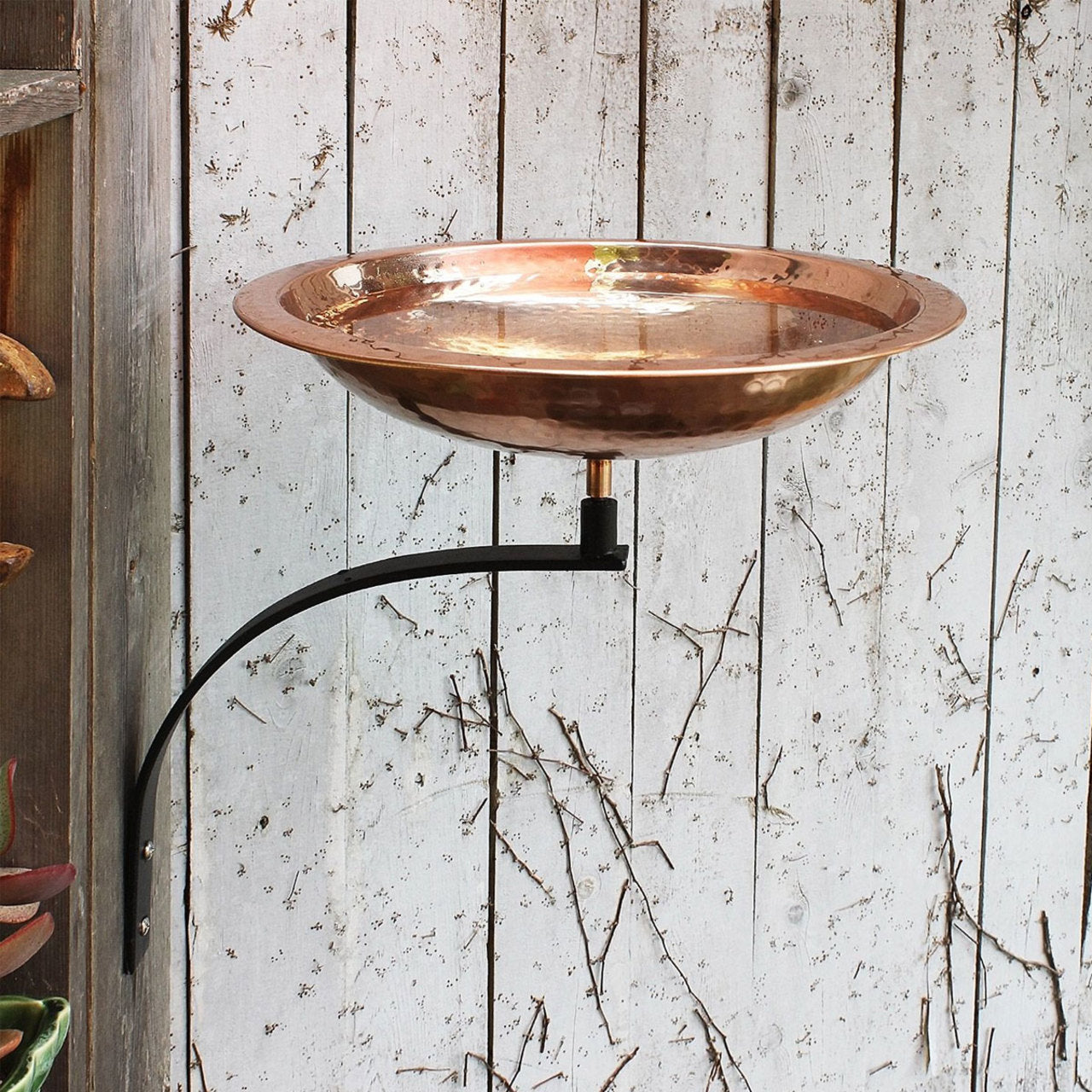 13" Hammered Copper Birdbath with Wall Mount Bracket