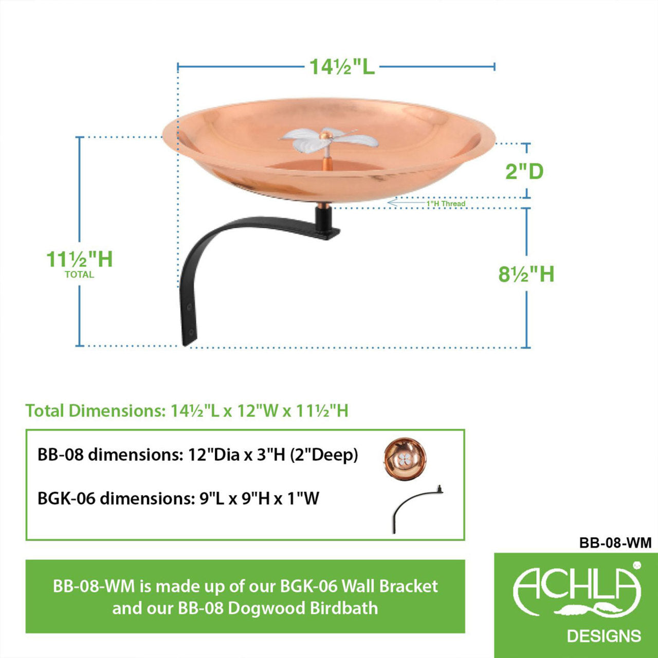 12" CopperDogwood Birdbath with Wall Mount Bracket