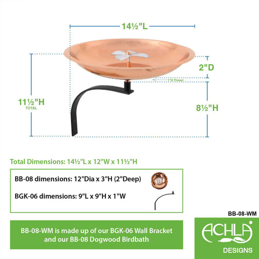12" CopperDogwood Birdbath with Wall Mount Bracket