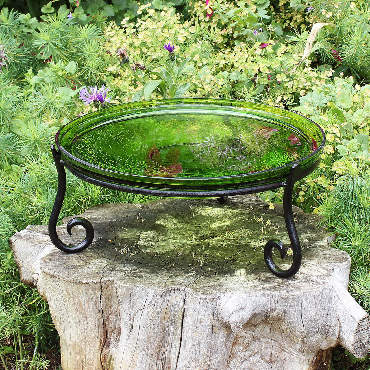 12-in. Fern Green Crackle Glass Bowl Bird Bath