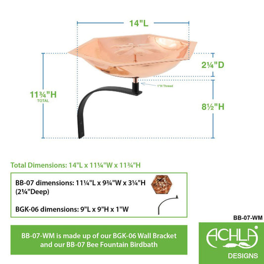 11.5" Copper Bee Fountain & Birdbath with Wall Mount Bracket