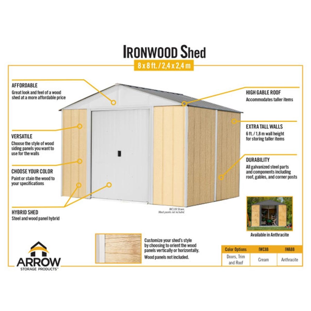 Ironwood 8' x 8' Galvanized Steel Hybrid Shed Kit - Anthracite