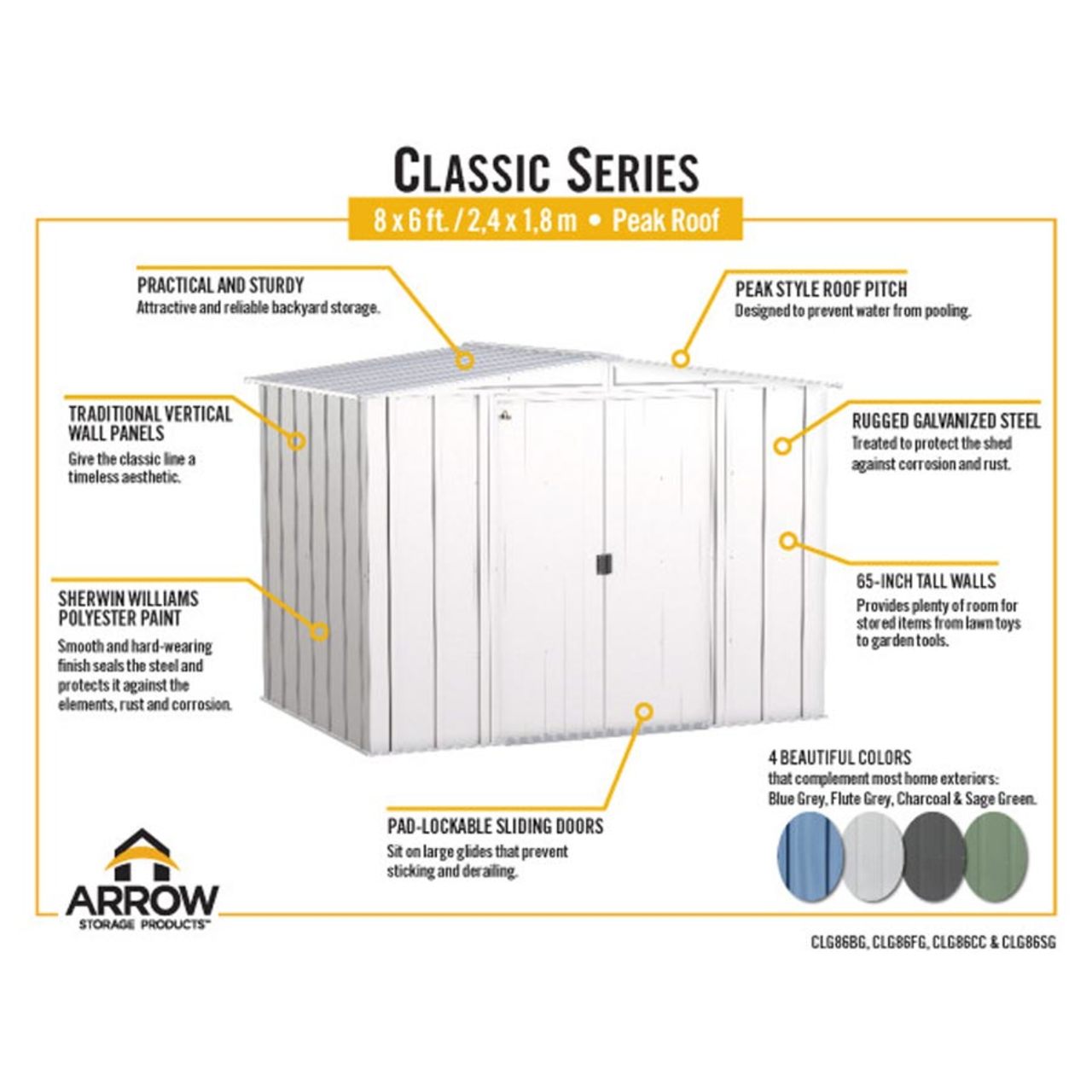 Arrow Classic Steel Storage Shed 8' x 6, Sage Green