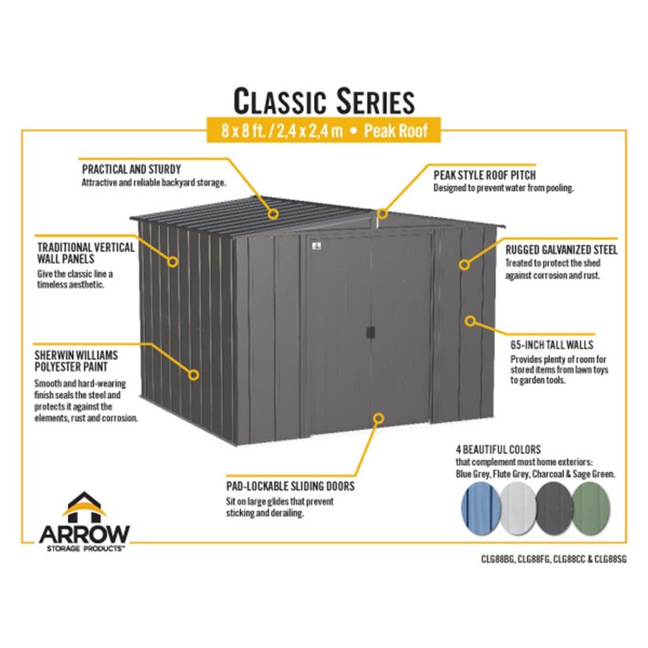 Arrow Classic Steel Storage Shed 8' x 8' Flute Gray
