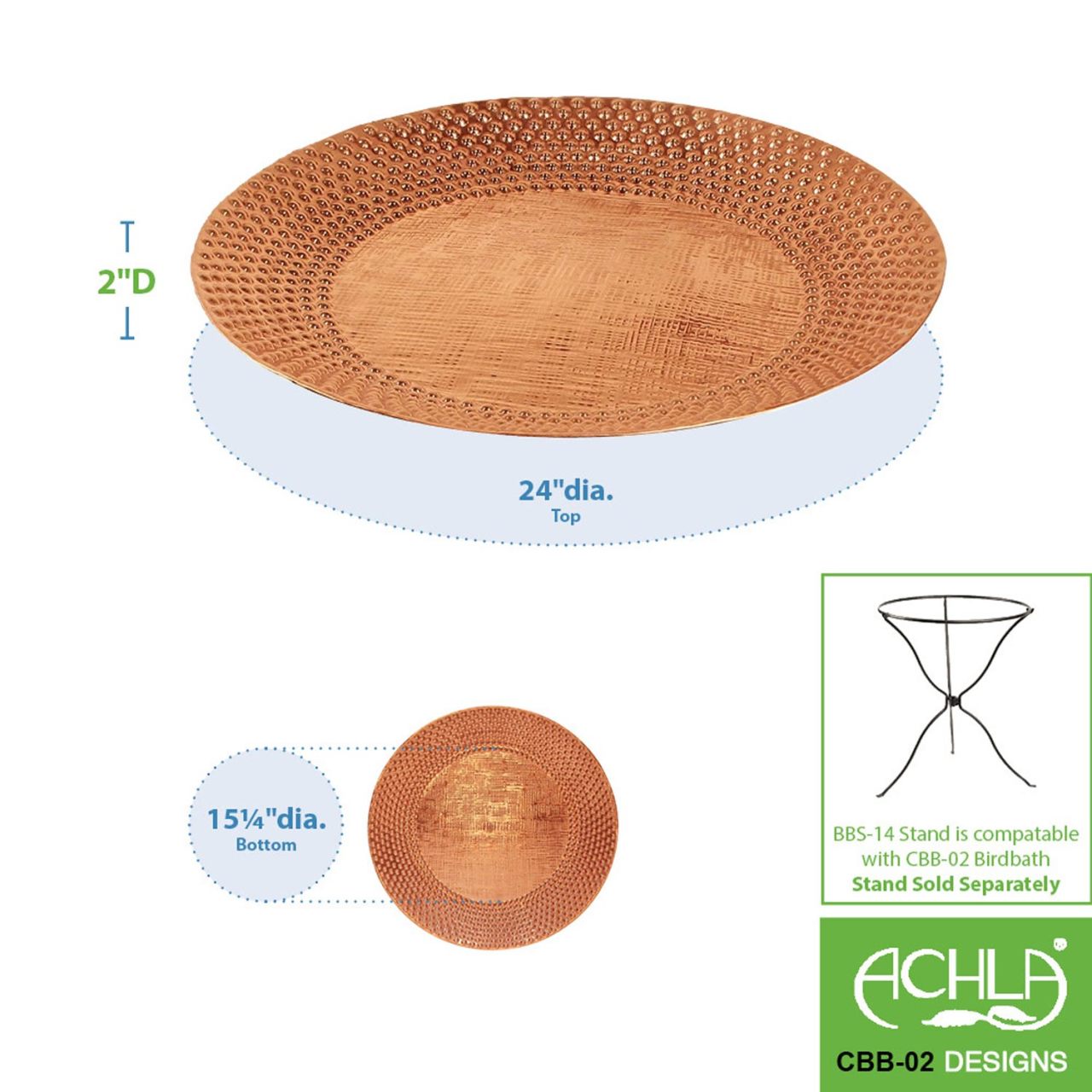 24" Classic Hammered Copper Bird Bath