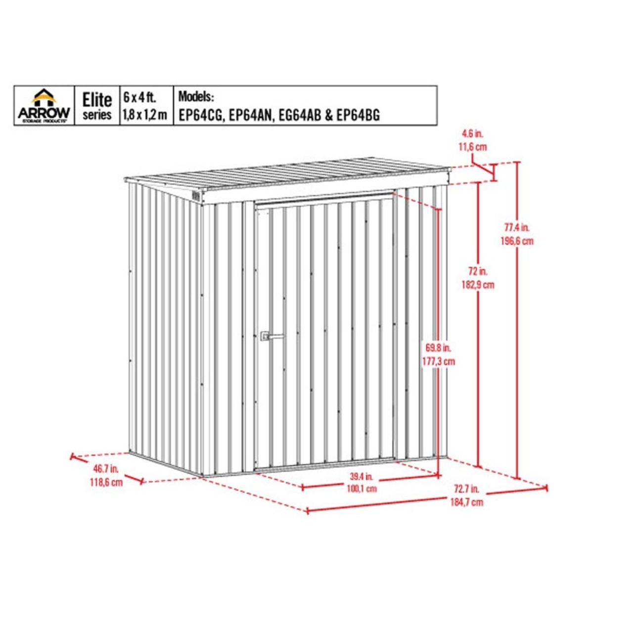 Arrow Elite Steel Storage Shed 6' x 4' -  Cool Gray