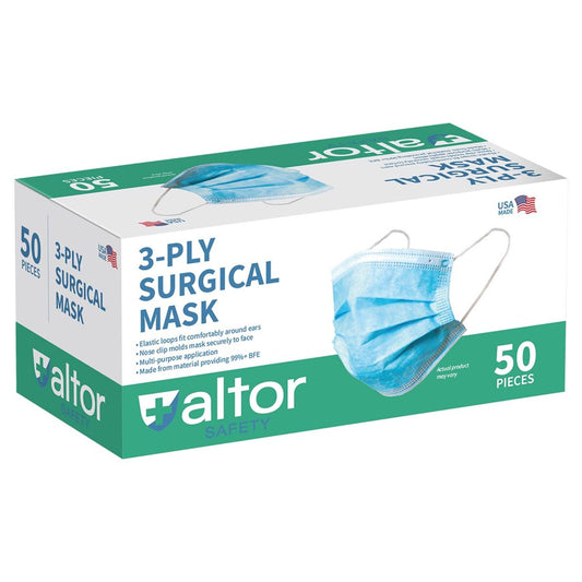 Altor Safety Surgical Mask 62222, 3-Ply ASTM Level 2, USA Made, Blue, Box of 50
