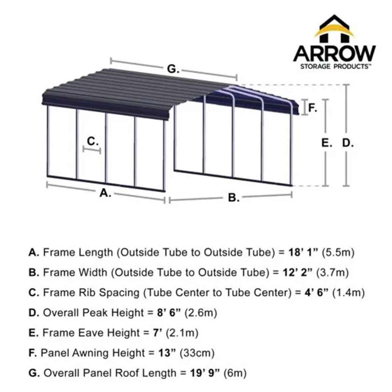 Arrow Carport 12 x 20 x 7 Ft. - Charcoal