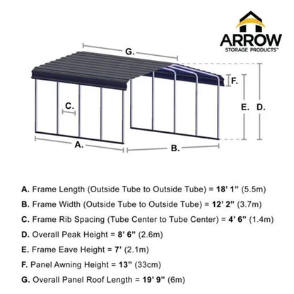Arrow Carport 12 x 20 x 7 Ft. - Charcoal