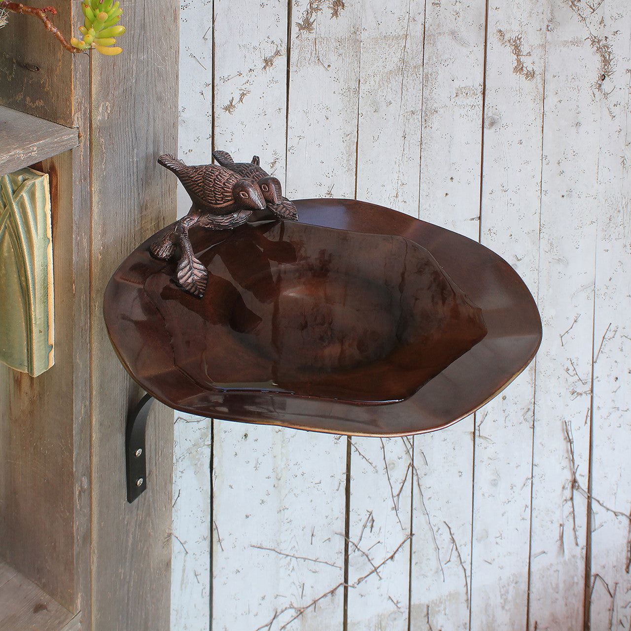 13" Antiqued Patina and Brass Bird Bath with Birds with Wall Mount Bracket