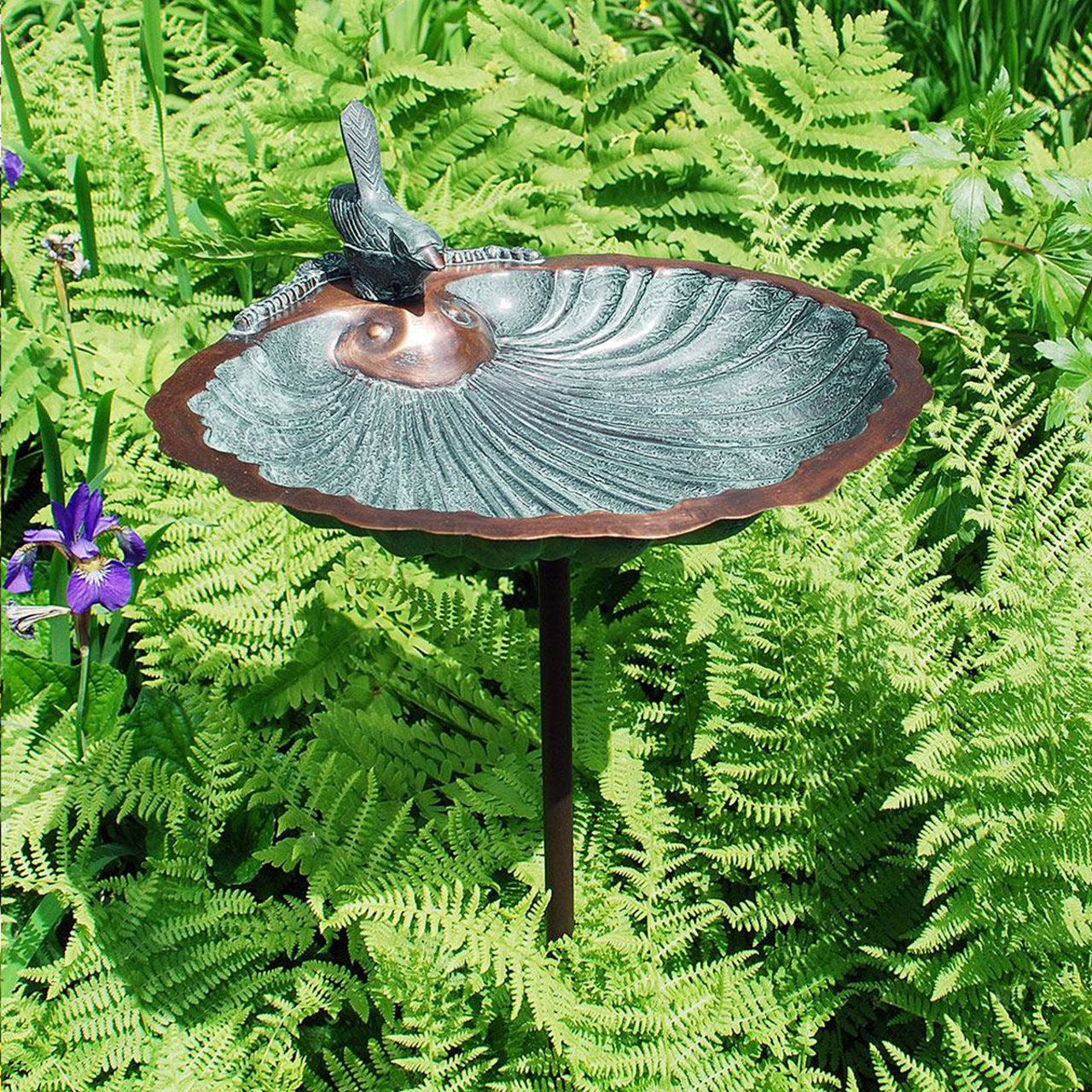 11" Scallop Shell Patina Birdbath and Feeder with Stake