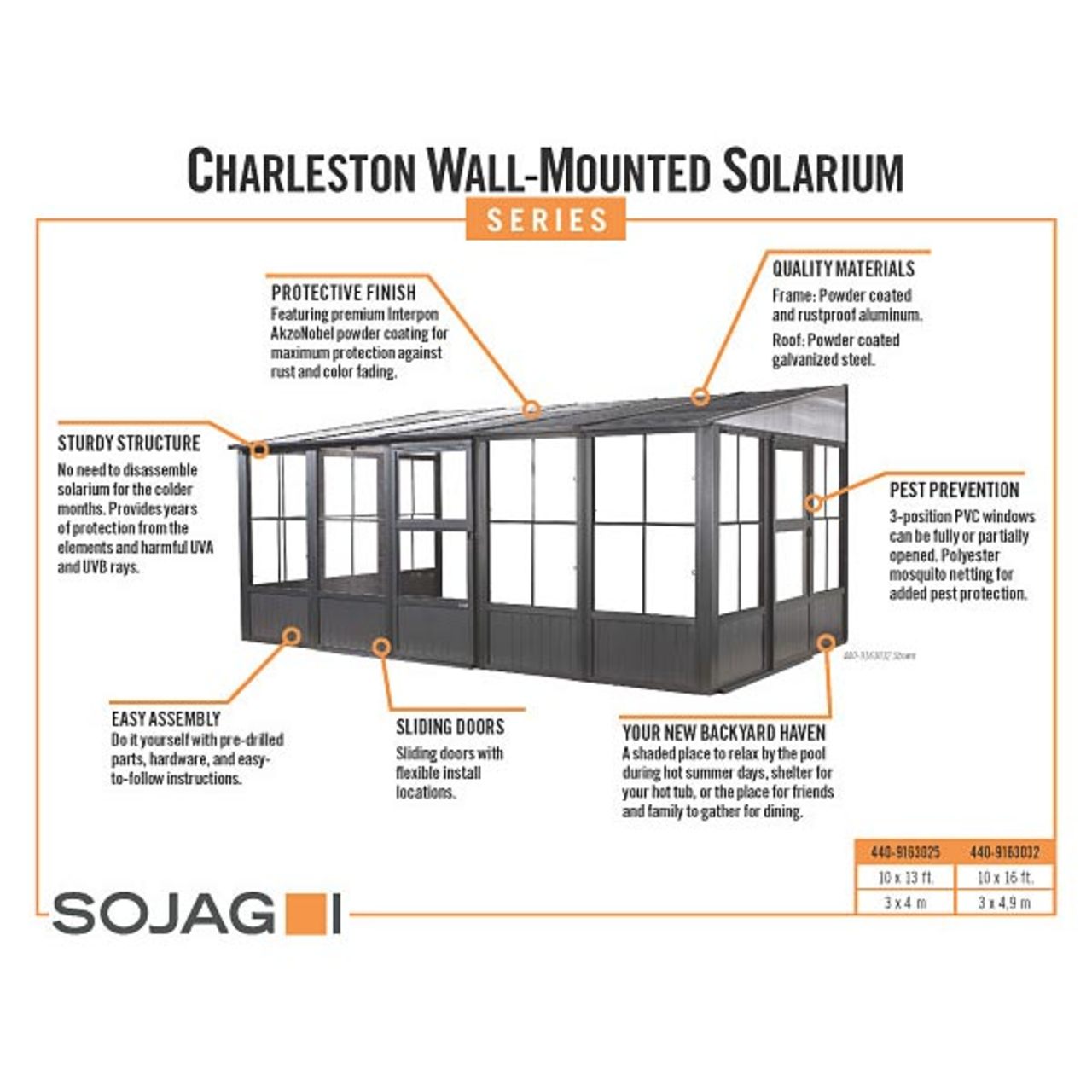 Charleston 10' x 16' Wall Mounted Solarium - Gray