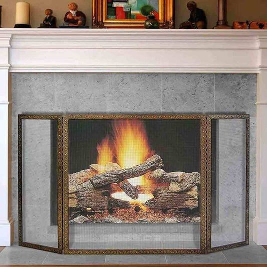 Pilgrim 50" x 30" Antique Brass Bay Branch Embossed Tri-Panel Fireplace Screen