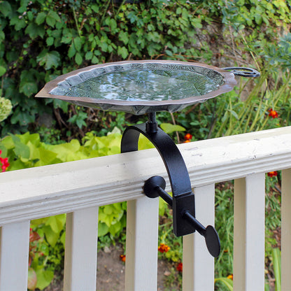 13" Aspen Leaf Birdbath in Brass and Verdi Patina with Over Rail Bracket