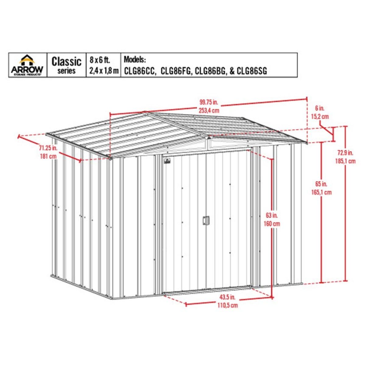 Arrow Classic Steel Storage Shed 8' x 6, Flute Gray