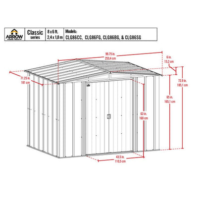Arrow Classic Steel Storage Shed 8' x 6, Flute Gray