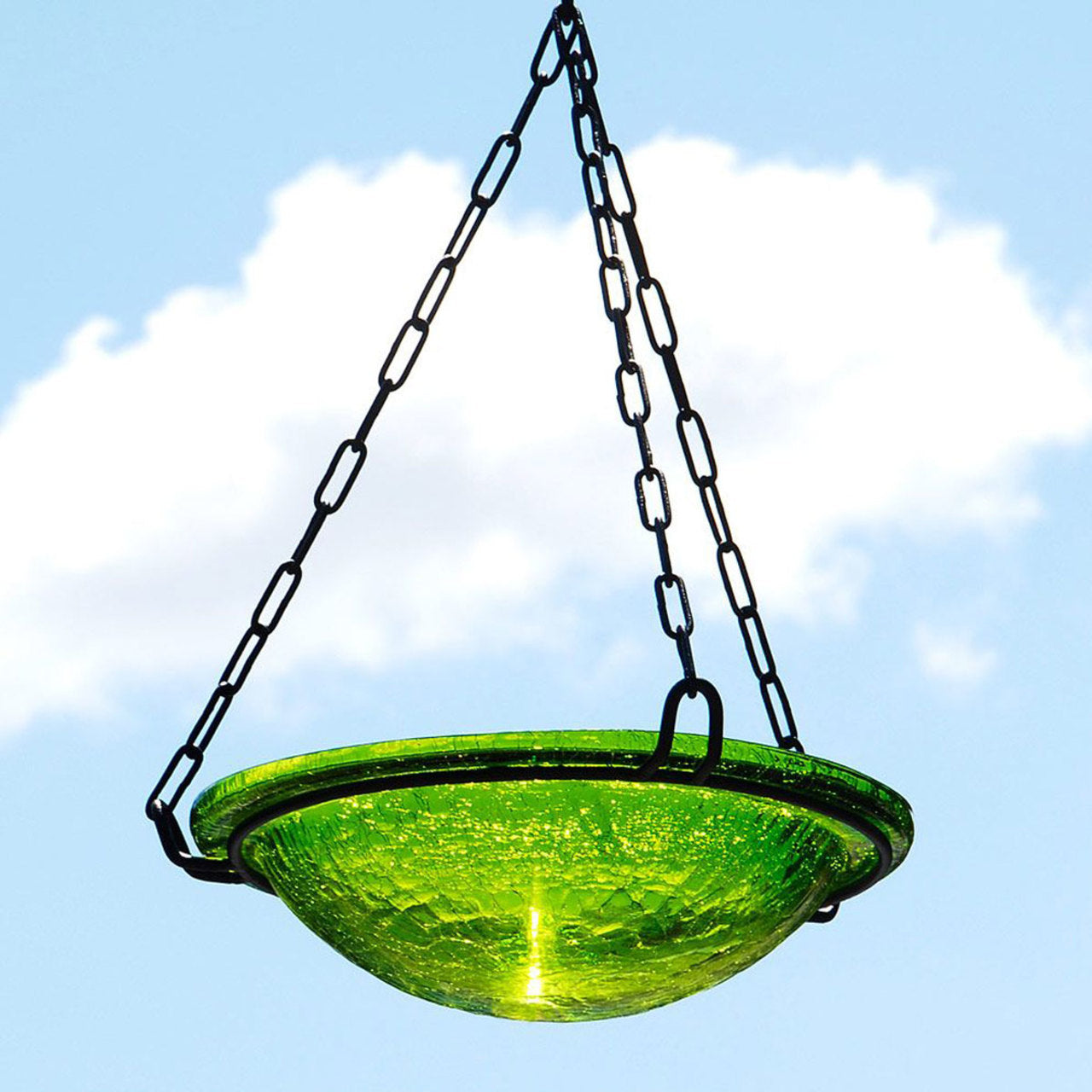 Crackle Glass Hanging Birdbath- Fern Green