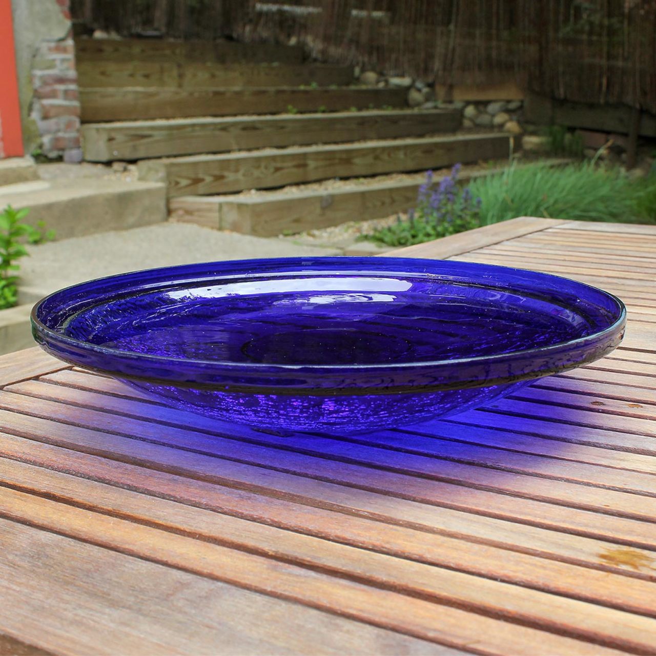14-in. Cobalt Blue Crackle Glass Bowl Birdbath