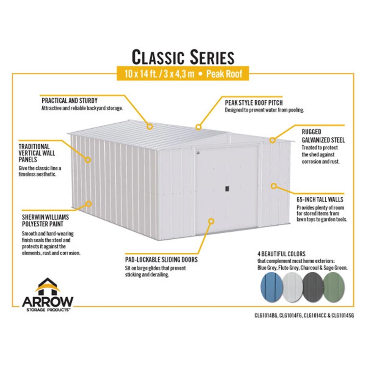Arrow Classic Steel Storage Shed  10' x 14' -  Flute Gray