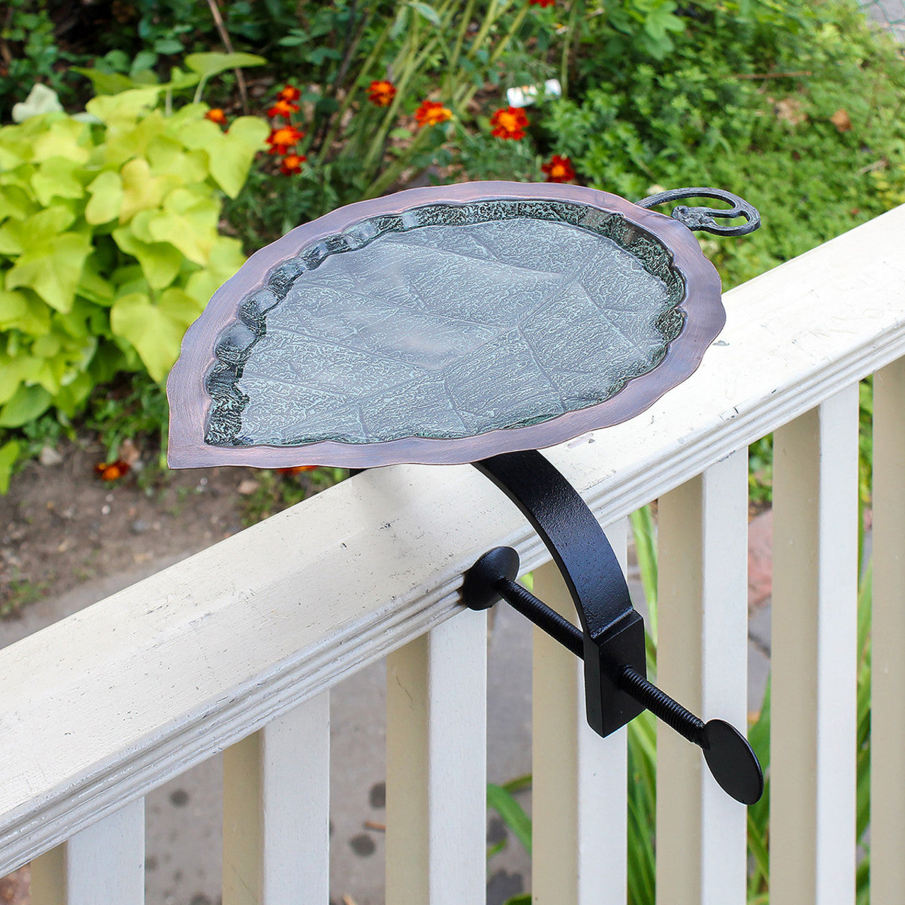 13" Aspen Leaf Birdbath in Brass and Verdi Patina with Over Rail Bracket