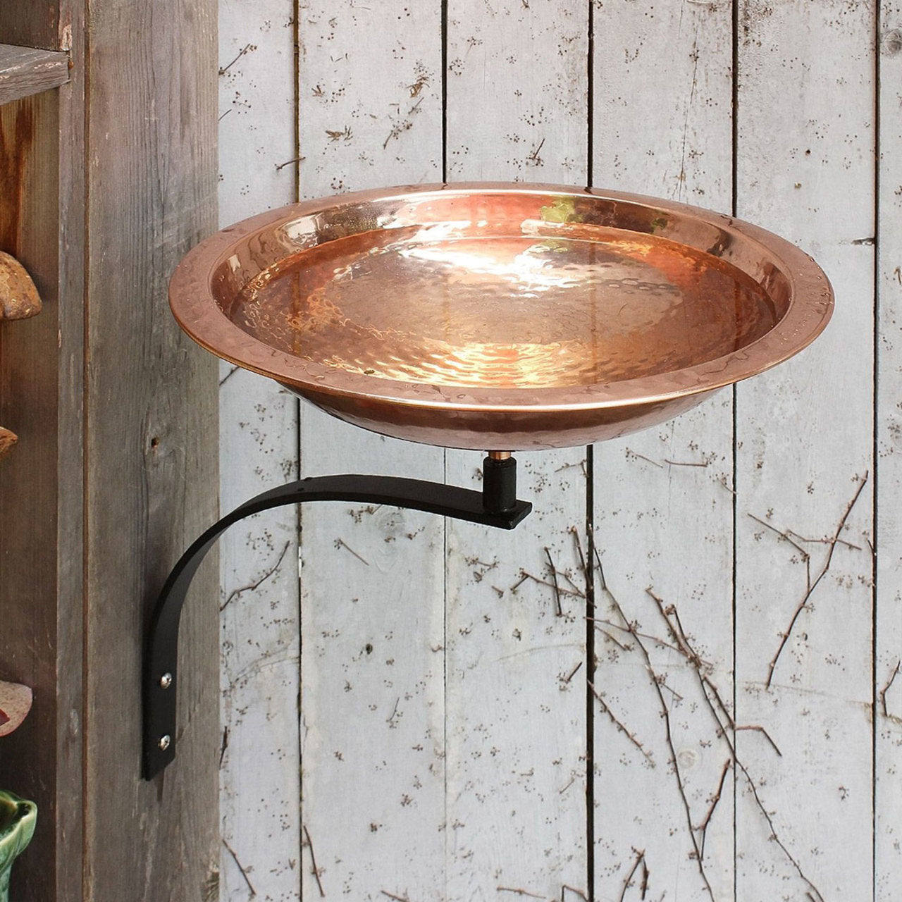 13" Hammered Copper Birdbath with Wall Mount Bracket