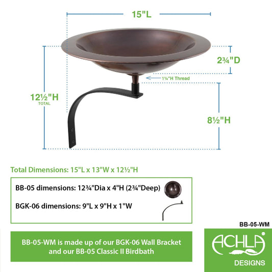 12.75" Classic Birdbath in Brass and Antique Copper with Wall Mount Bracket