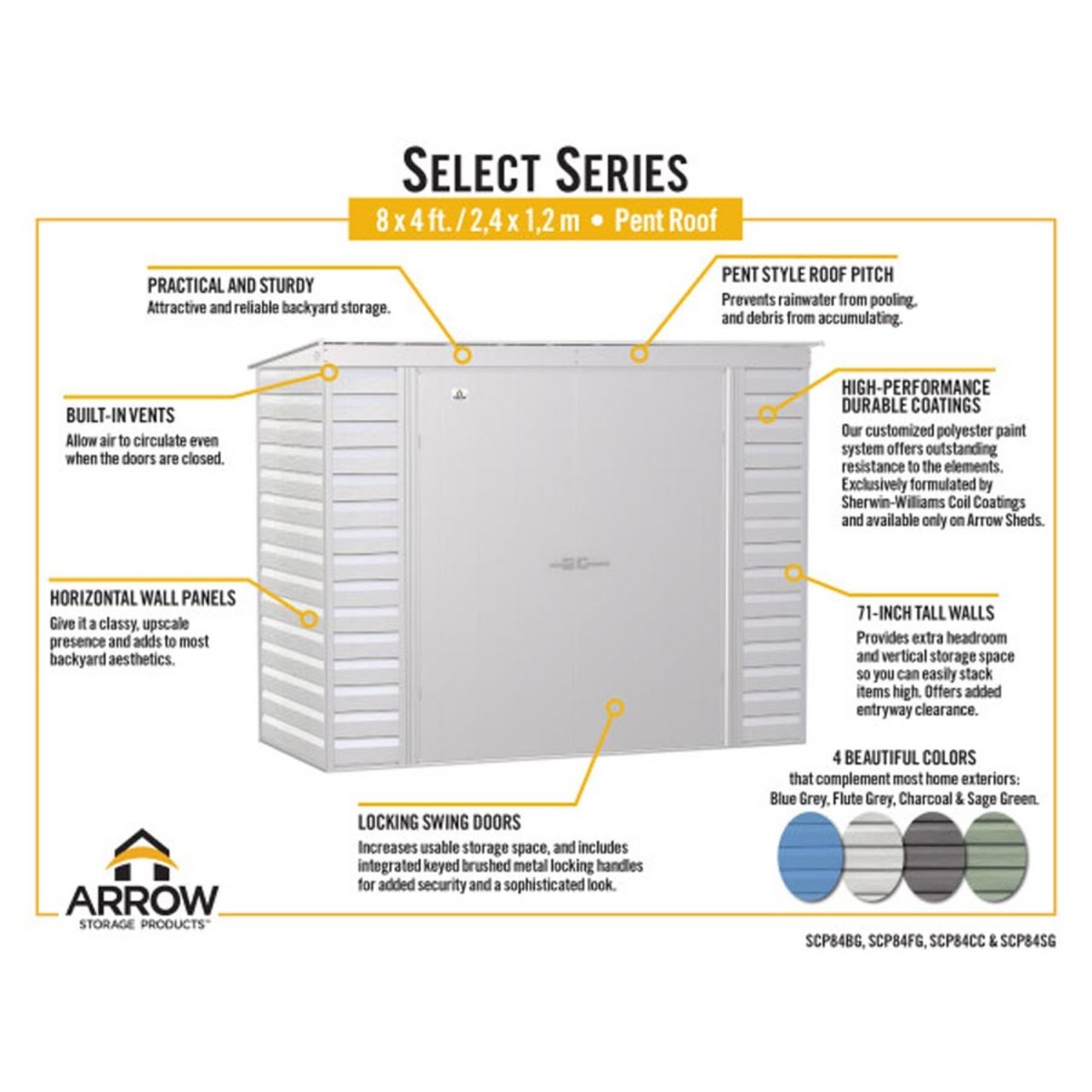 Arrow Select 8' x 4' Steel Storage Shed -  Flute Gray