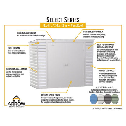 Arrow Select 8 x 4 Steel Storage Shed -  Flute Gray