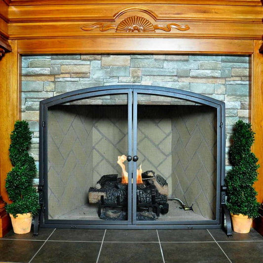 Large Single Panel Olde World Iron Fireplace Screen with Doors 44" Wide x 34" High