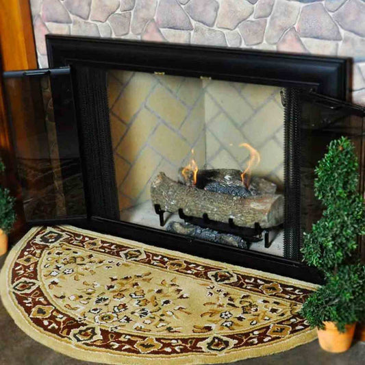 56" Half Round Beige Oriental Fireplace Rug