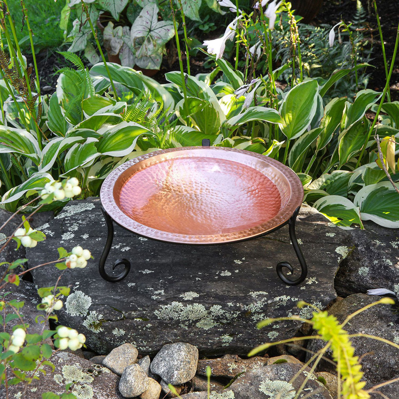 Solid Hammered Copper Birdbath with Short Stand