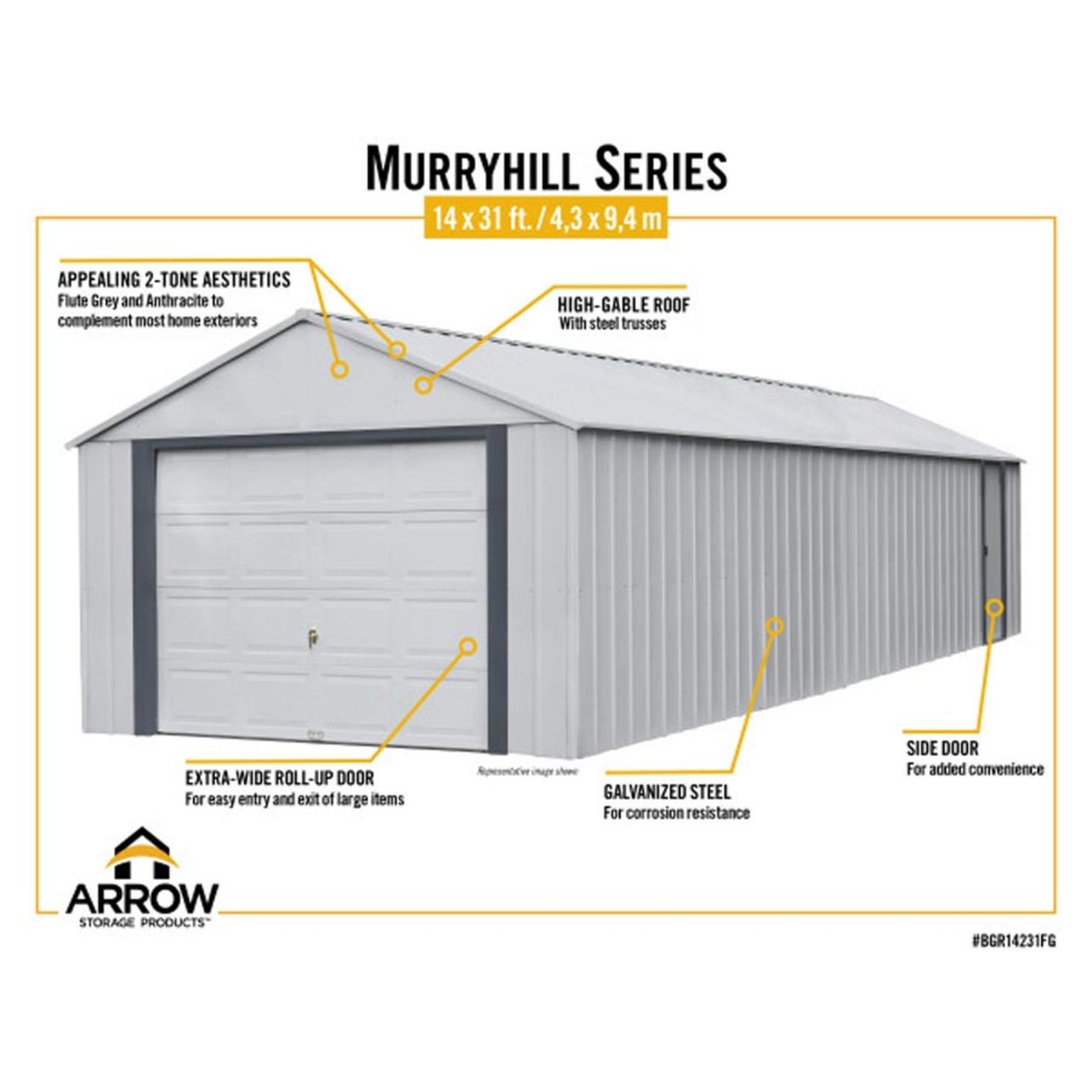 Arrow Murryhill 14' x 31' Steel Storage Garage/Building - Gray