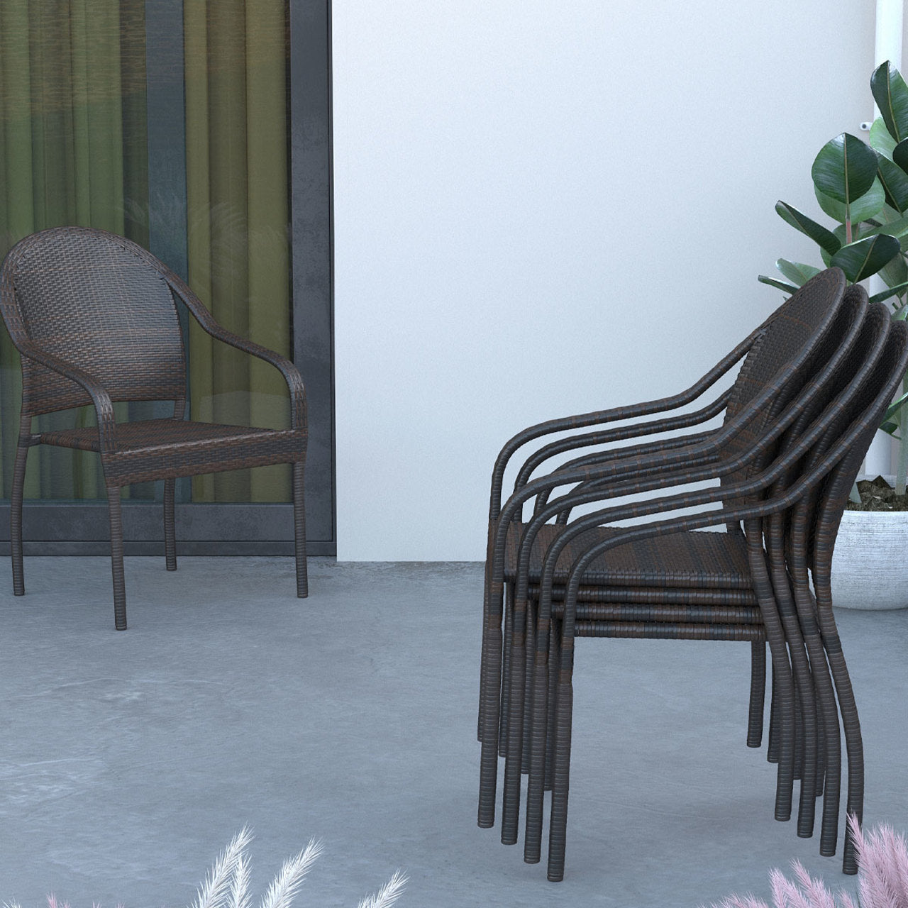 Rhodos CafÃ© Stacking Chair In Mocha All-Weather Wicker - 4 Piece Set