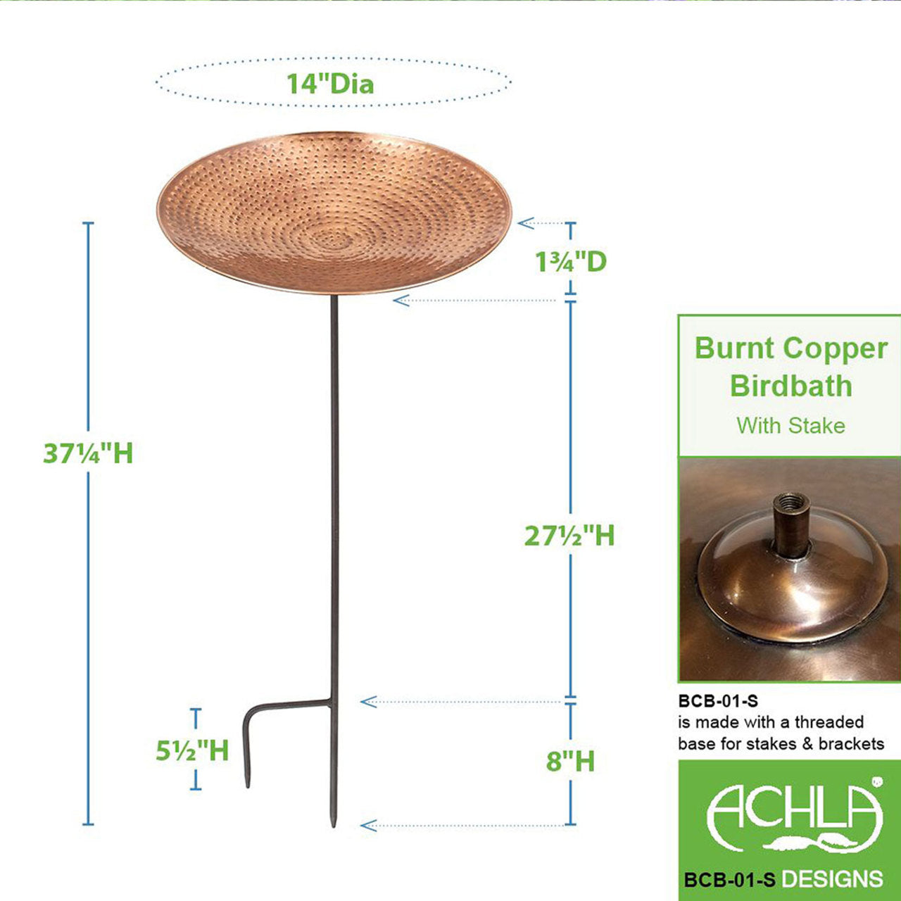14" Burnt Copper Birdbath with Stake