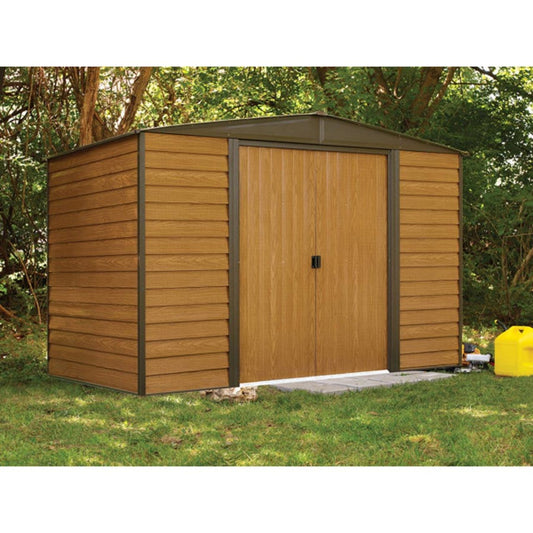 Woodridge 10' x 6' Steel Storage Shed in Coffee and Woodgrain