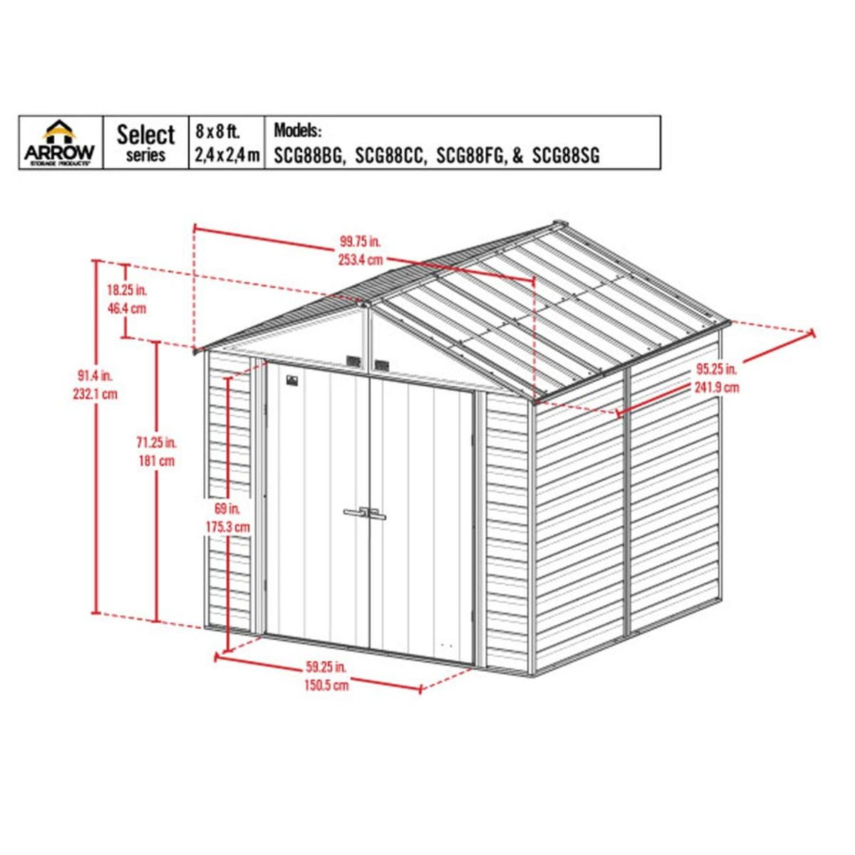 Arrow Select 8' x 8' Steel Storage Shed - Flute Gray