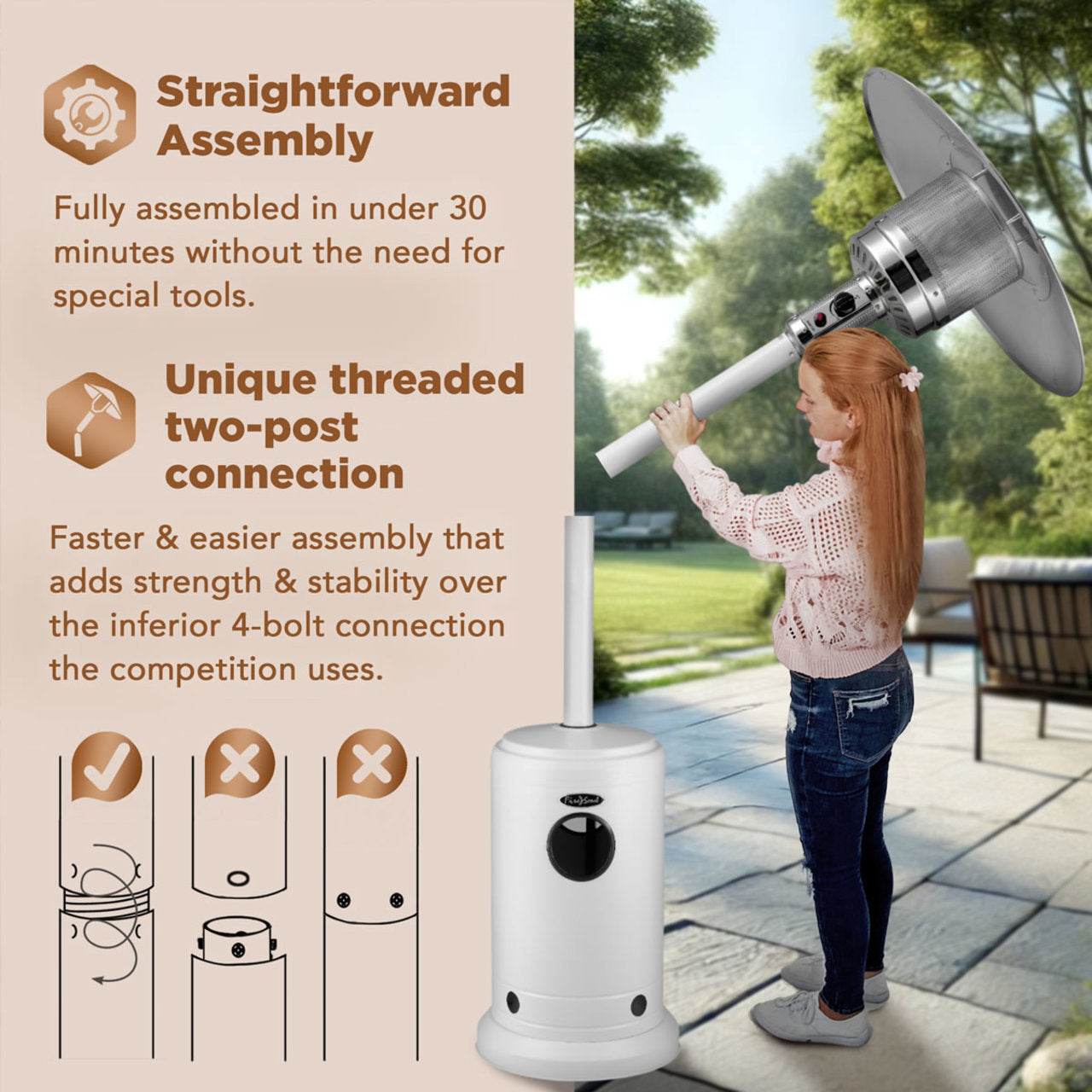 Fire Sense Matte White Finish Patio Heater with Wheels - 67132