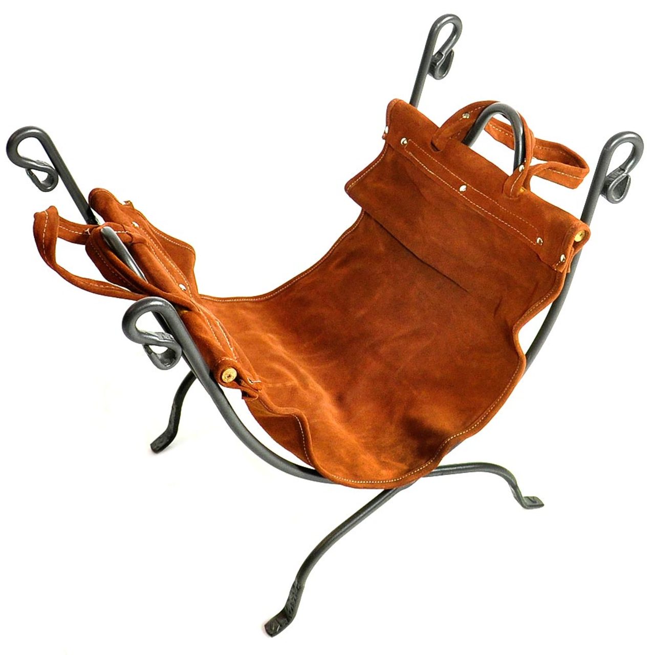 Olde World Iron Log Rack with Leather Firewood Carrier