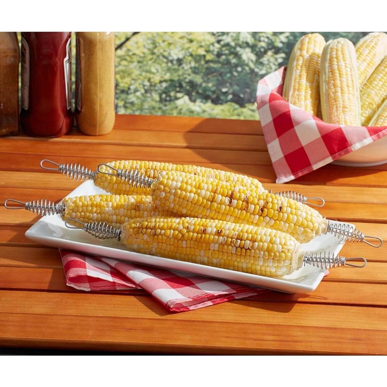 8 Piece Set of Corn Skewers With Spiral Cool Touch Handles - Silver